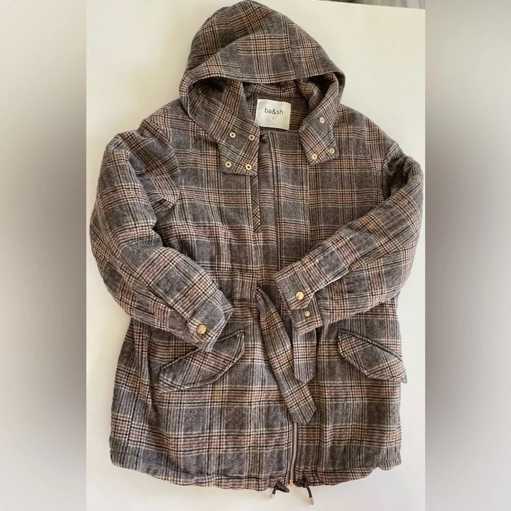 ba&sh Cox Marron Lady Coat Hooded Size 2 Us 8 Plaid Belted Wool blend - Picture 2 of 13